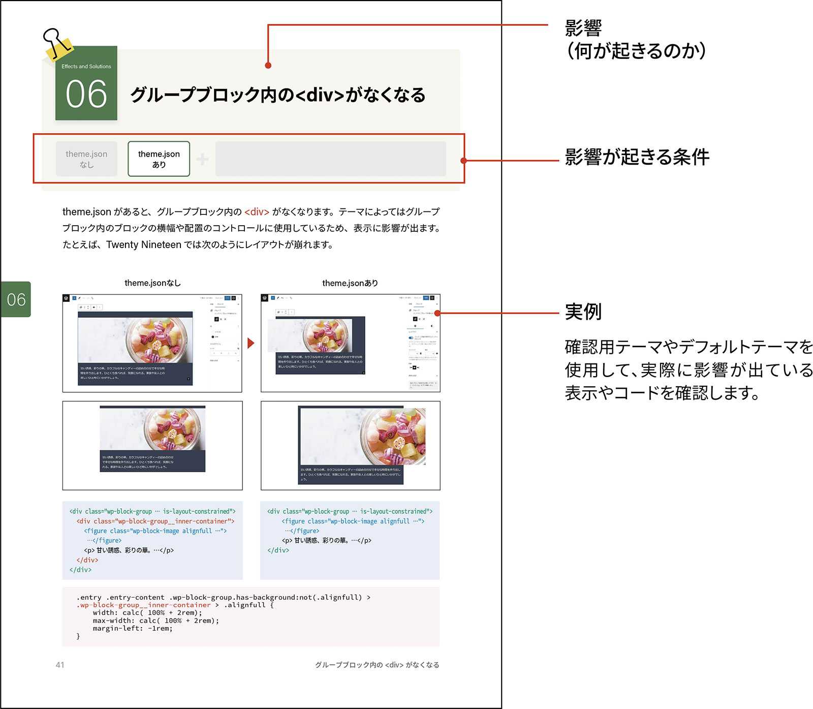 影響(何が起きるのか)、影響が起きる条件、実例でページを構成しています